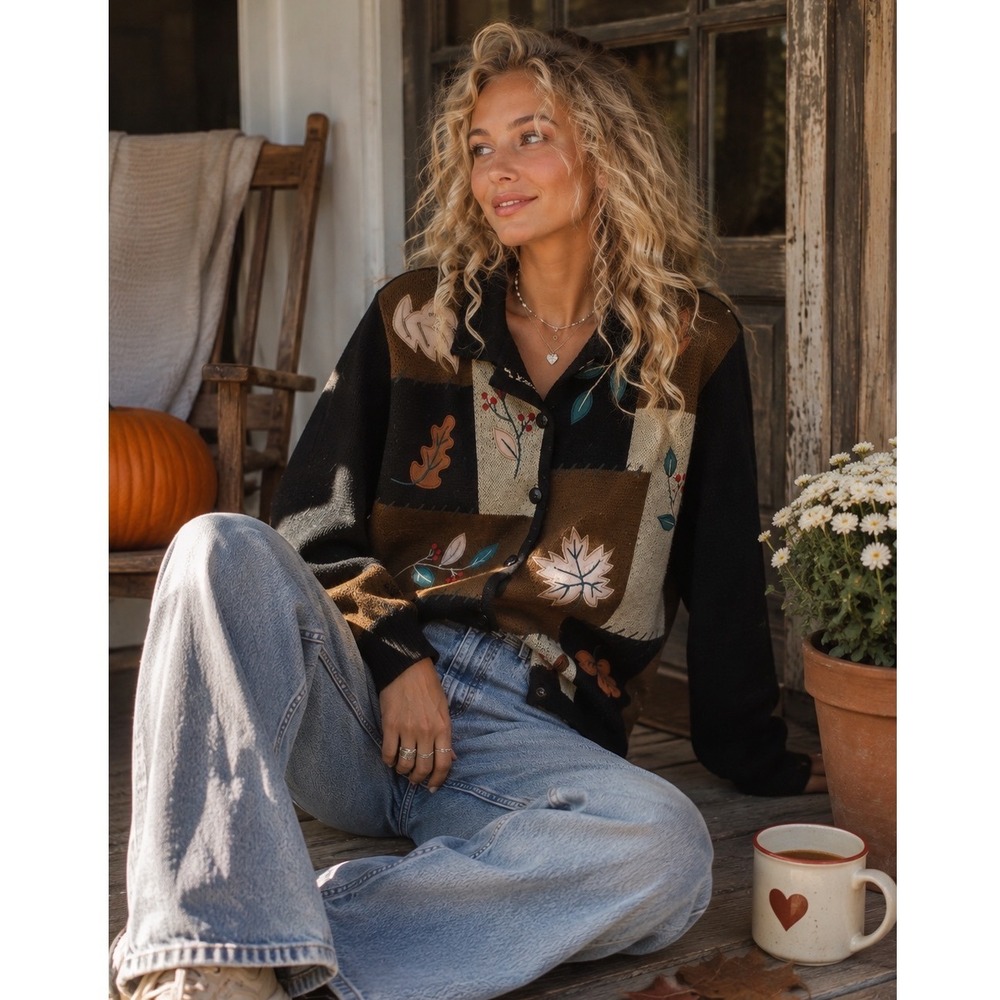 Crystal Kobe Woman Vintage Patchwork Leaf Embroidered Cardigan Sweater 1X Brown